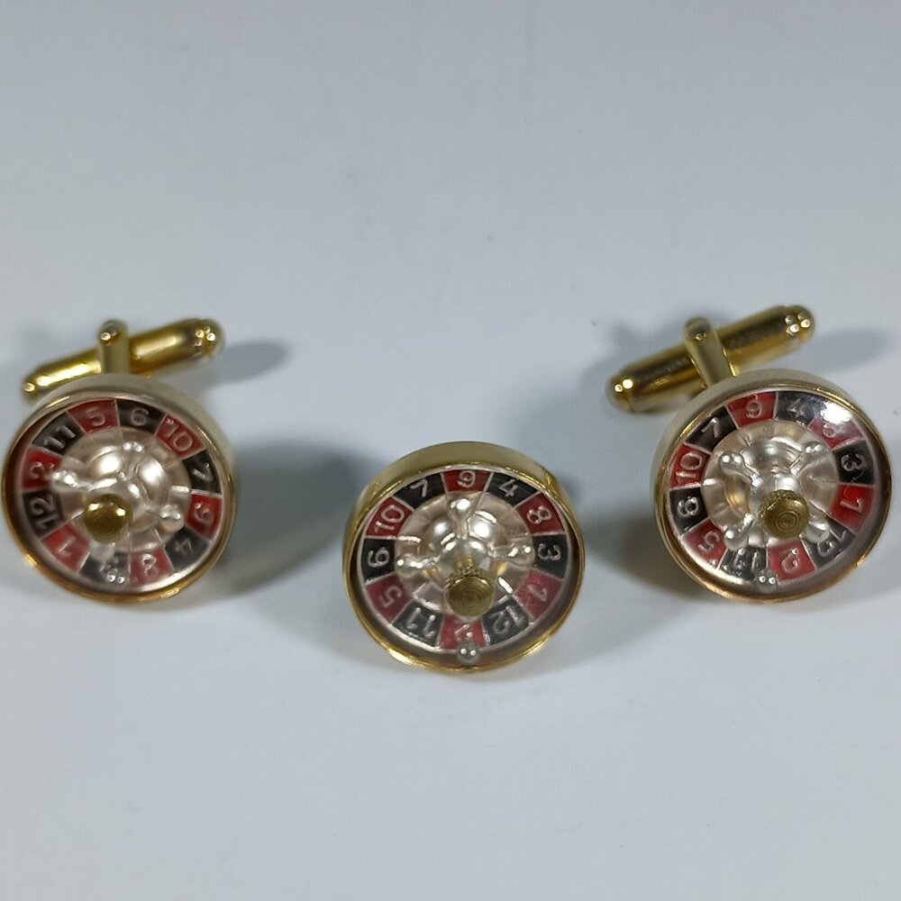 Vintage 50's Gambling Roulette Wheel Cufflinks Lapel Pin Good Luck Charm Austria
